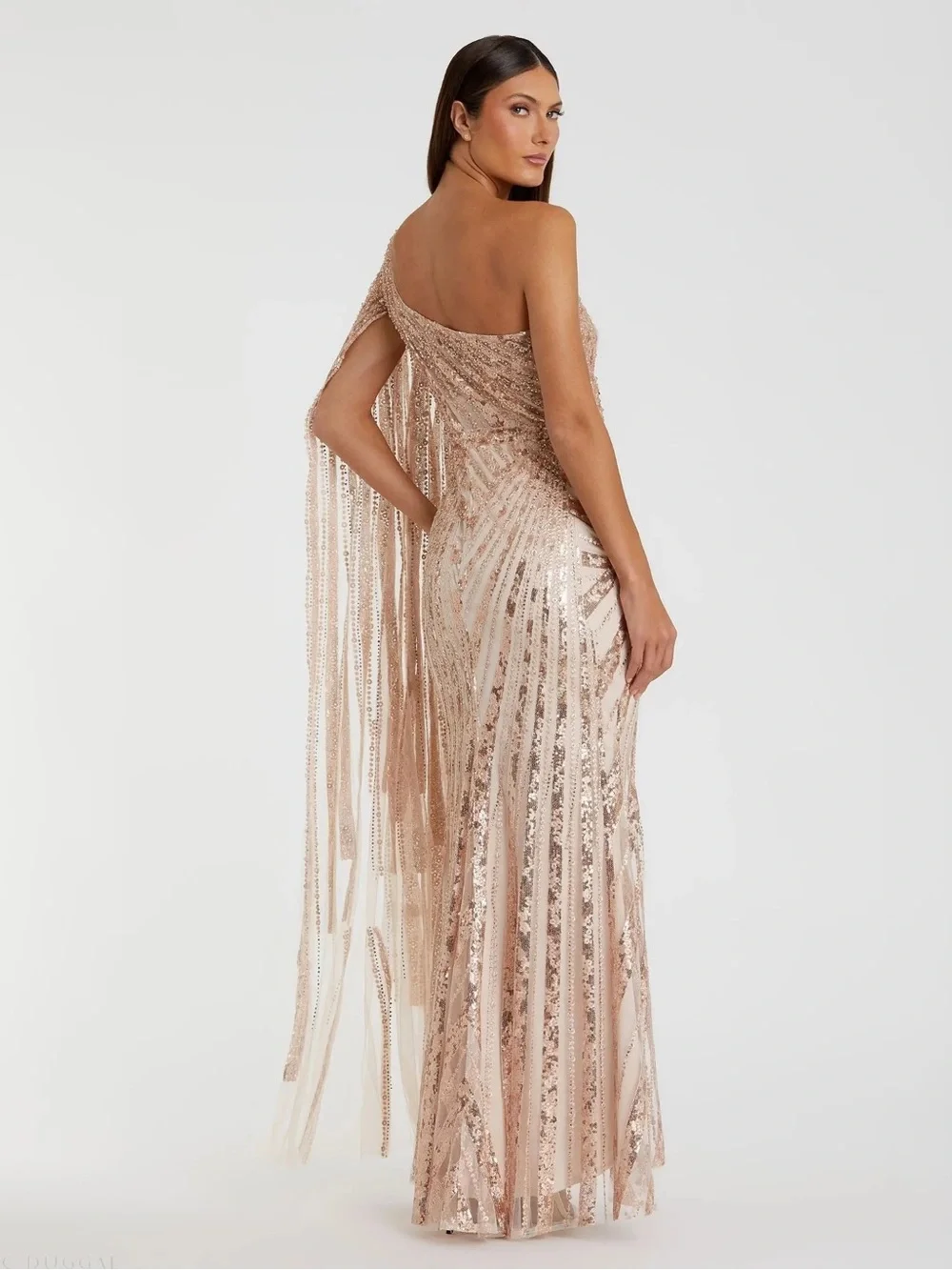 Mac Duggal 20528 Rose Gold One Shoulder Cape Sleeve Embellished Gown Size 14 NWT